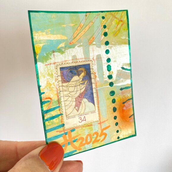 ACEO Original Acrylic Mixed Media Art 1986 Canada Christmas Postage Stamp ATC - Picture 2 of 3
